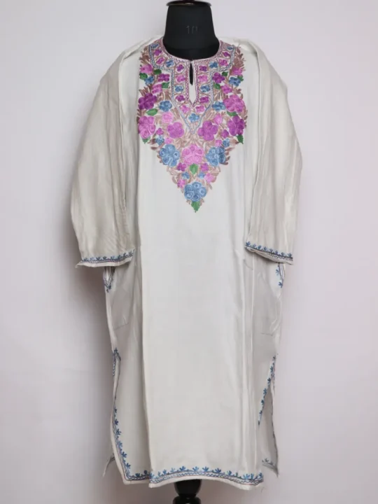Zia White Cashmilon Wool Pheran with Aari Work