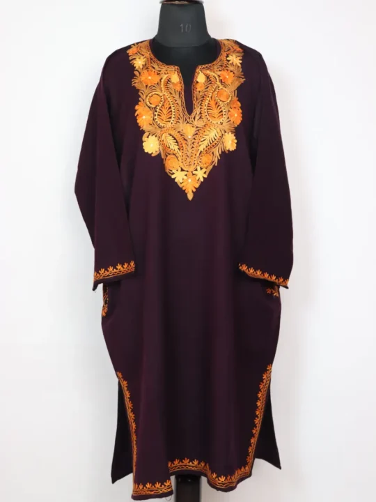 Wine Aari Work Pheran in Cashmilon Wool Chandni