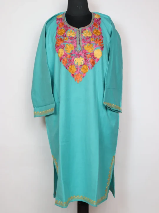 Sky Blue Aari Work Pheran in Aasman Cashmilon Wool