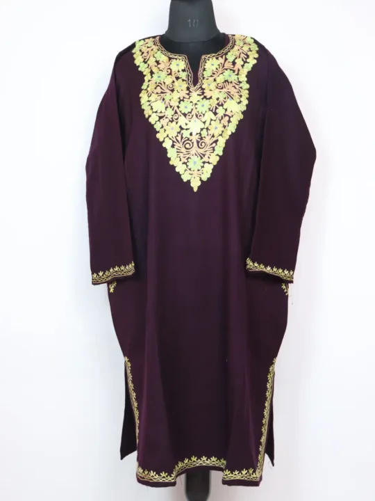 Gouhar Aari Work Pheran in Purple Cashmilon Wool