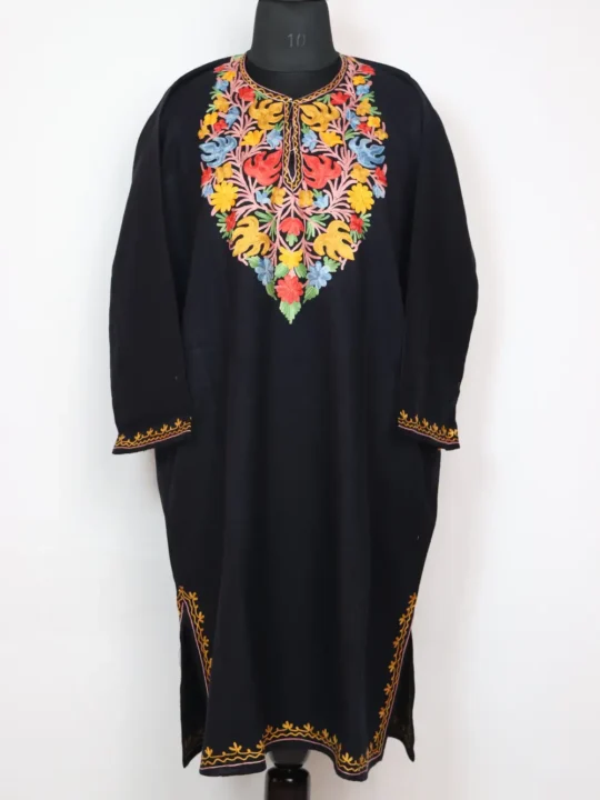 Aari Embroidery Pheran in Black Ibtisam Cashmilon Wool