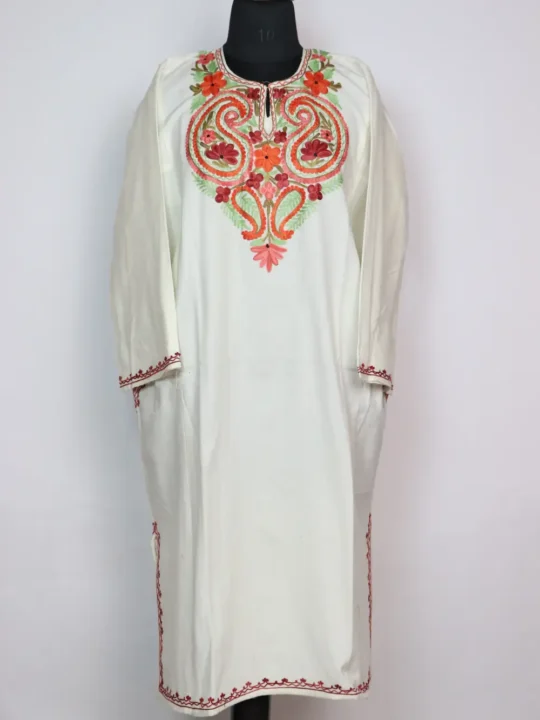 White Cashmilon Wool Pheran with Aari Work Fariha