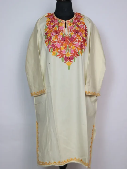 White Cashmilon Wool Pheran with Aari Embroidery Wafa