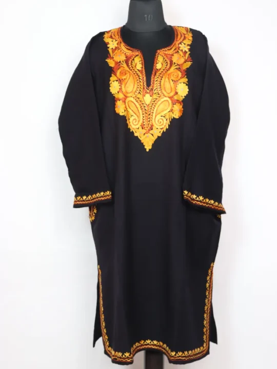 Blak Cashmilon Wool Qismat Pheran with Aari Embroidery