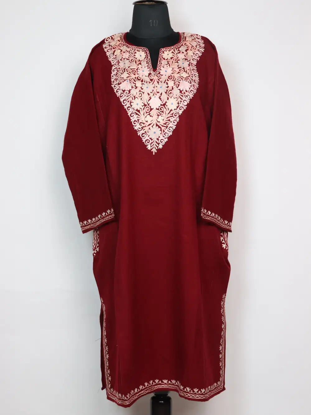 Afra Cashmilon Wool Pheran Maroon with Aari Embroidery