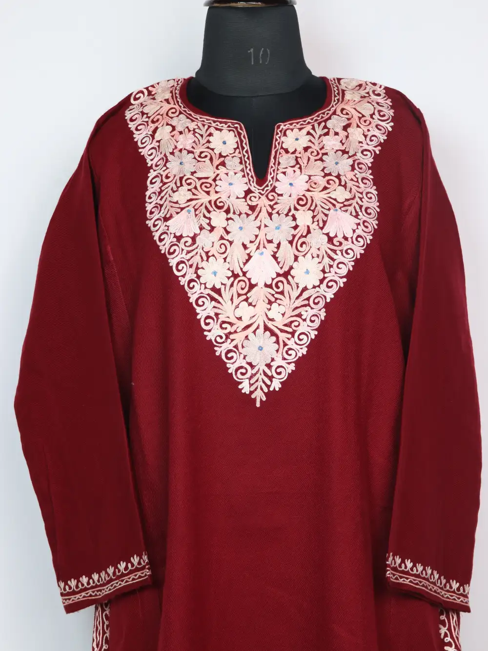 Afra Cashmilon Wool Pheran Maroon with Aari Embroidery - Image 3