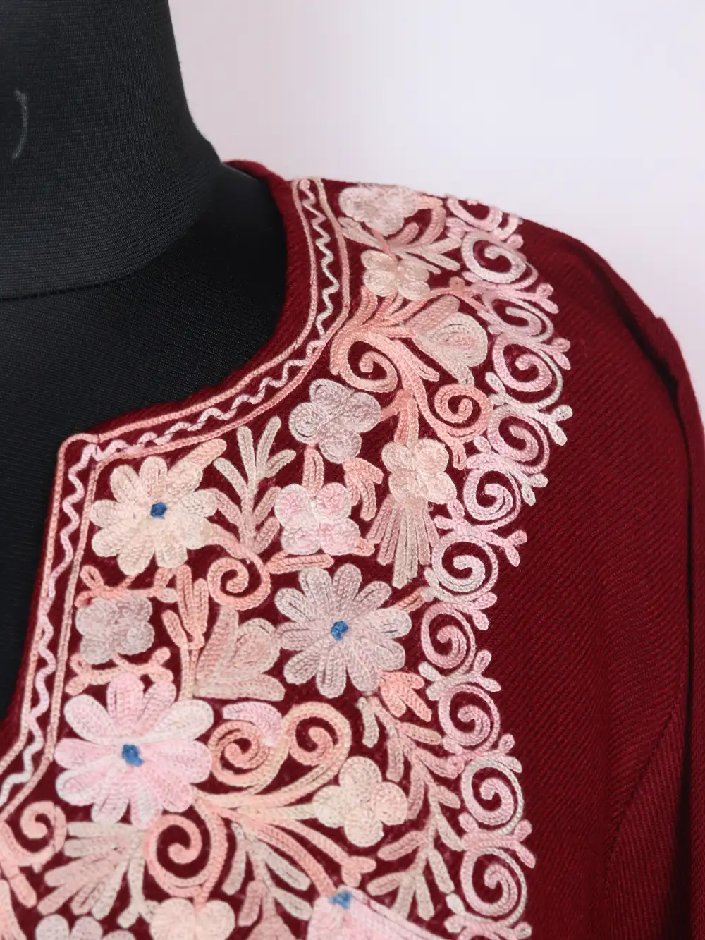 Afra Cashmilon Wool Pheran Maroon with Aari Embroidery - Image 2