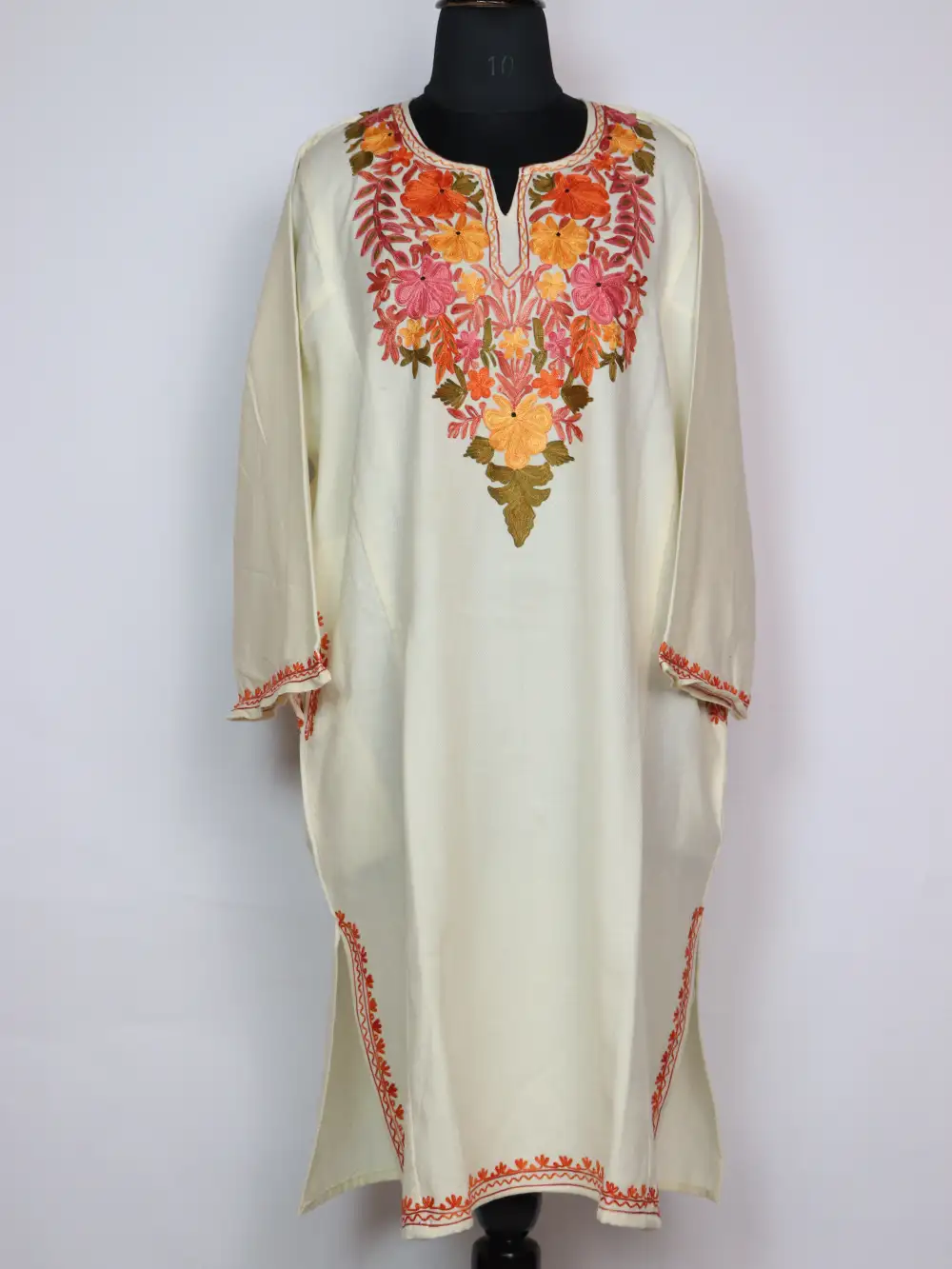 White Cashmilon Wool Pheran with Aari Work Farah