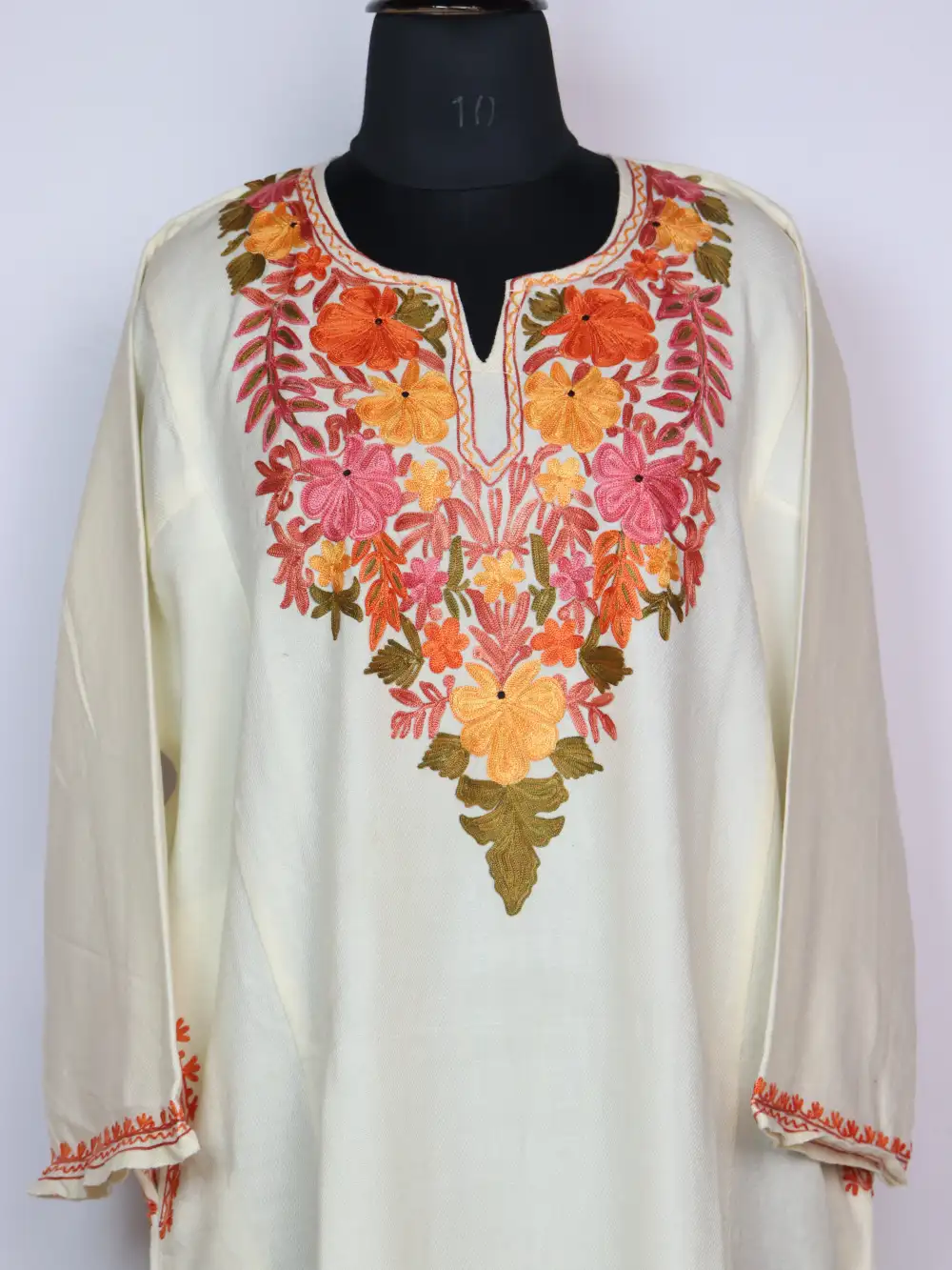 White Cashmilon Wool Pheran with Aari Work Farah - Image 2