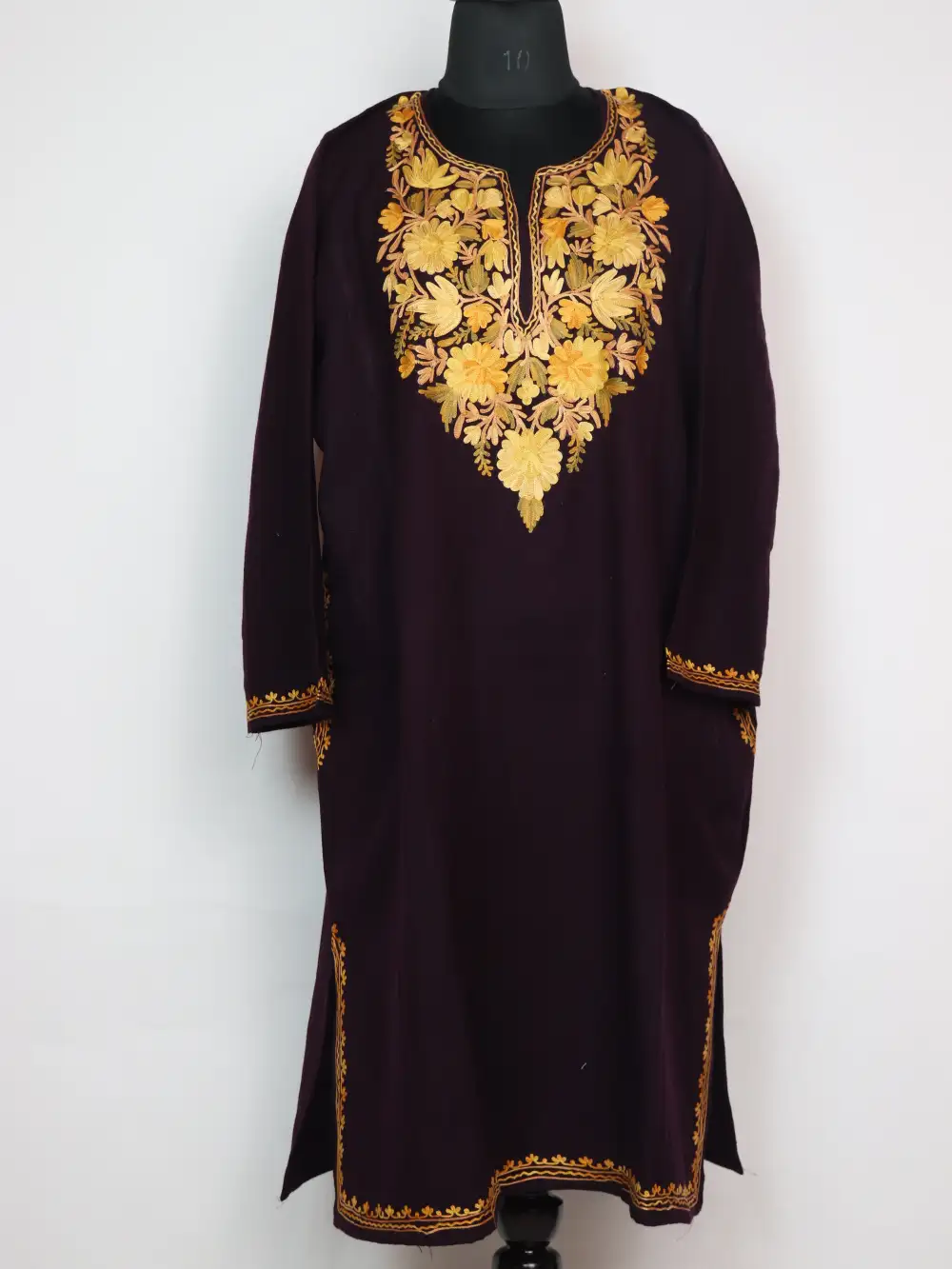 Cashmilon Wool Pheran in Wine with Aari Work Nisha