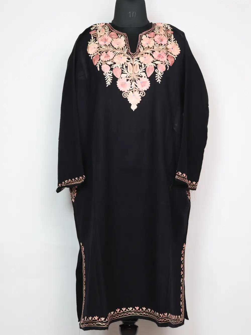 Arwa Cashmilon Wool Pheran in Black with Aari Embroidery