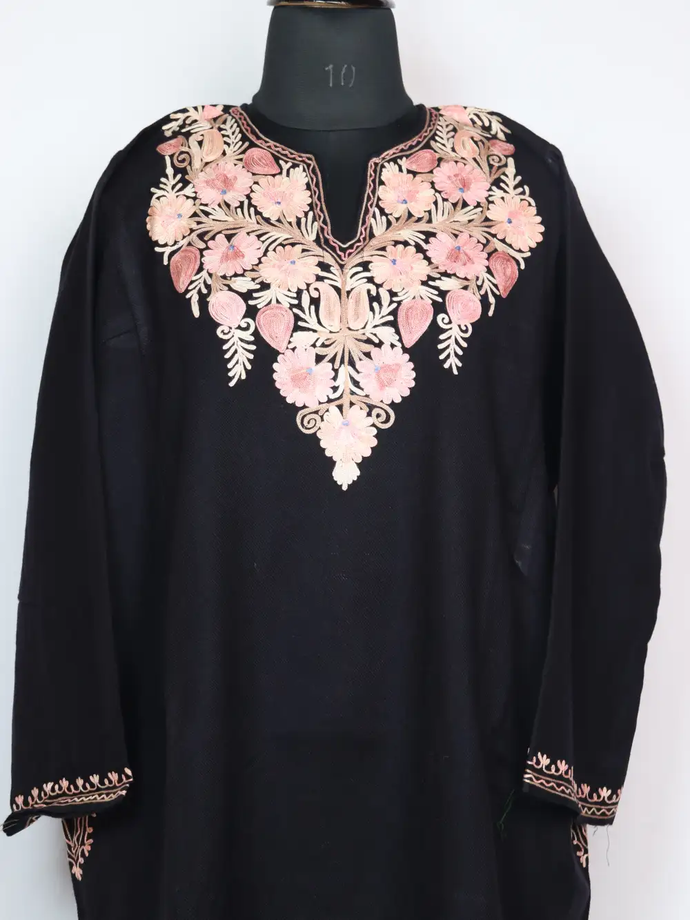 Arwa Cashmilon Wool Pheran in Black with Aari Embroidery - Image 2