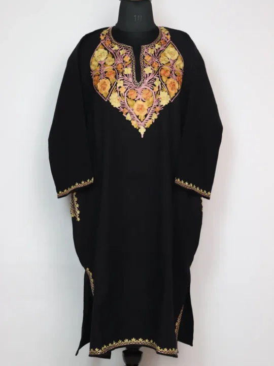 Cashmilon Wool Black Pheran with Aari Work Afra