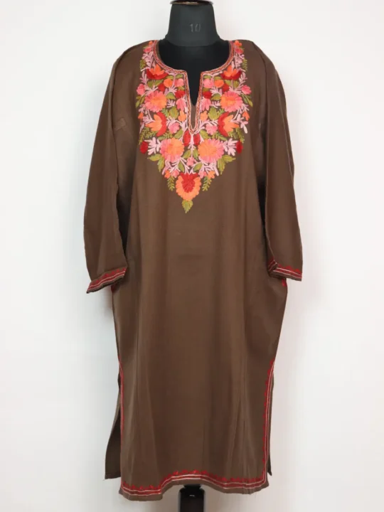 Beige Cashmilon Wool Pheran with Aari Work Arwa