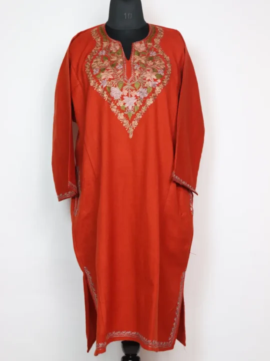 Cashmilon Wool Pheran Maheen with Aari Work in Rustic Orange