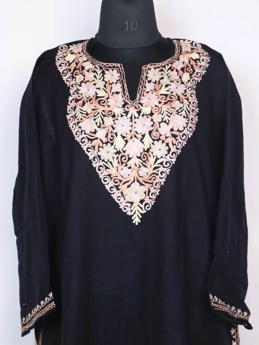 Cashmilon Wool Pheran Black with Aari Work Ayat - Image 3