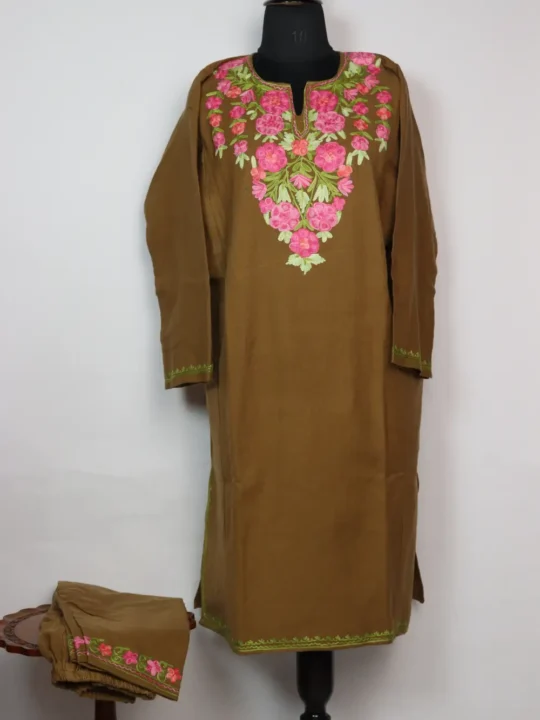Cashmilon Wool Brown Samra 2pc Pheran Set with Aari Embroidery