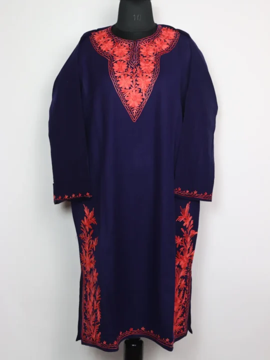 Cashmilon Mahira Dark Blue Woolen Pheran with Side Booti Aari Embroidery