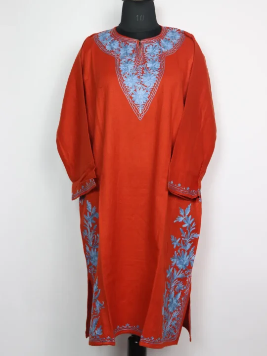 Cashmilon Brown Woolen Pheran Nimra with Side Booti Aari Work