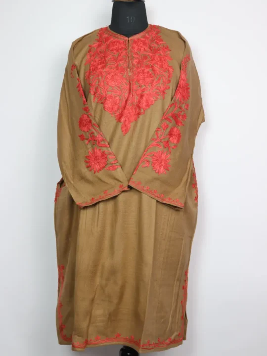 Cashmilon Brown Woolen Pheran with Omera Side Booti Aari Work