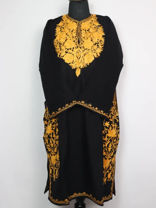 Cashmilon Wool Black Pheran with Yasra Side Panel Aari Work