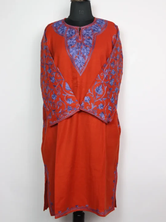 Nisah Rust Cashmilon Wool Pheran with Sleeve Aari Work