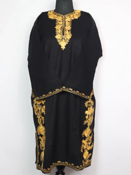 Seemah Cashmilon Wool Black Pheran with Side Booti Aari Embroidery