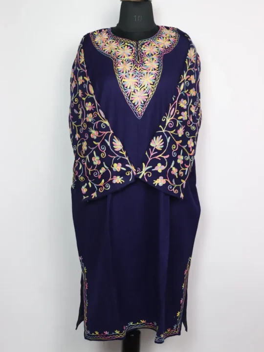 Dark Blue Cashmilon Wool Pheran with Sleeve Aari Embroidery Nigah