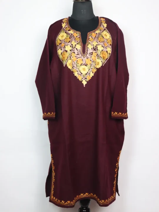 Loose Maroon Pheran With Aari Work In Cashmilon Wool Norain