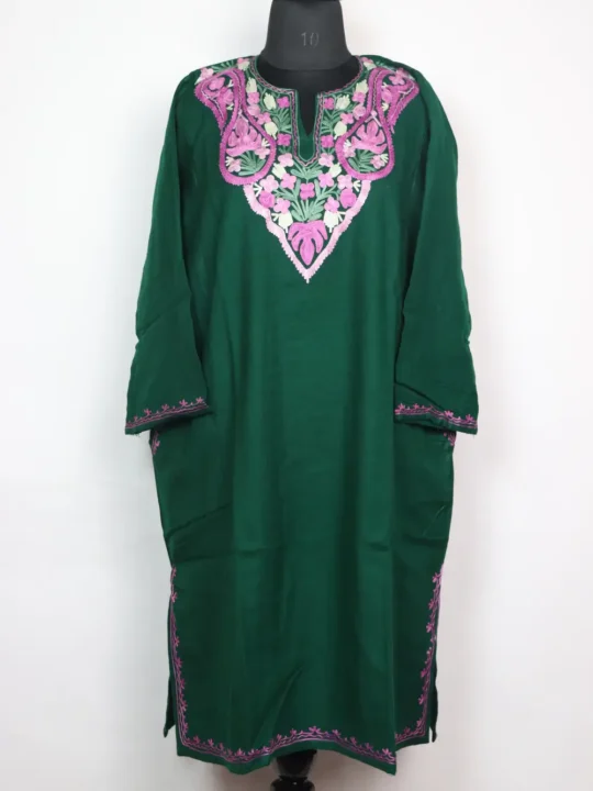 Dark Green Pheran With Aari Work In Cashmilon Wool Zoyah