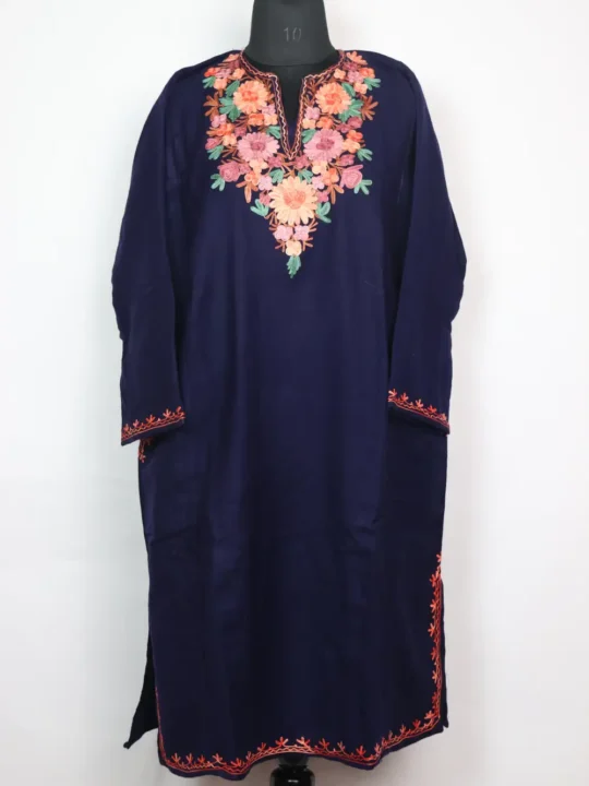Aaminah Indigo Blue Pheran With Aari Work In Cashmilon Wool