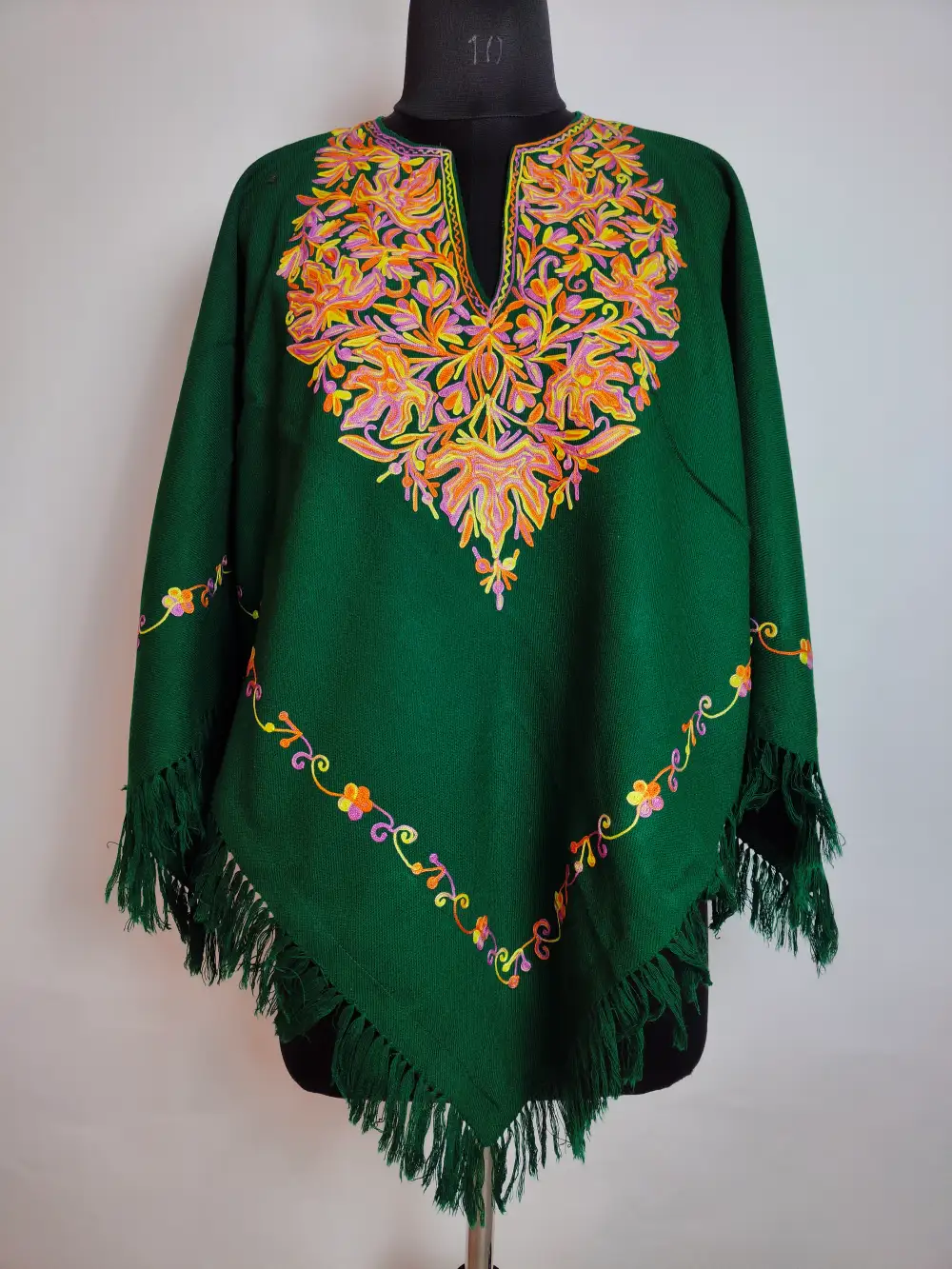 Dark Green Aari Work Poncho in Zehra Cashmilon Wool