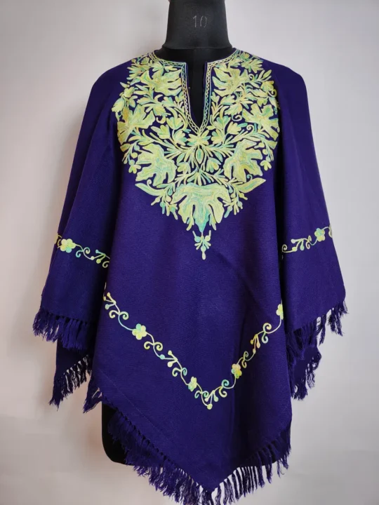 Aari Work Poncho in Zehra Blue Cashmilon Wool