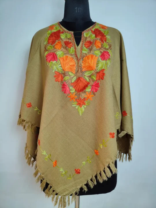 Beige Gousia Poncho in Cashmilon Wool with Aari Work
