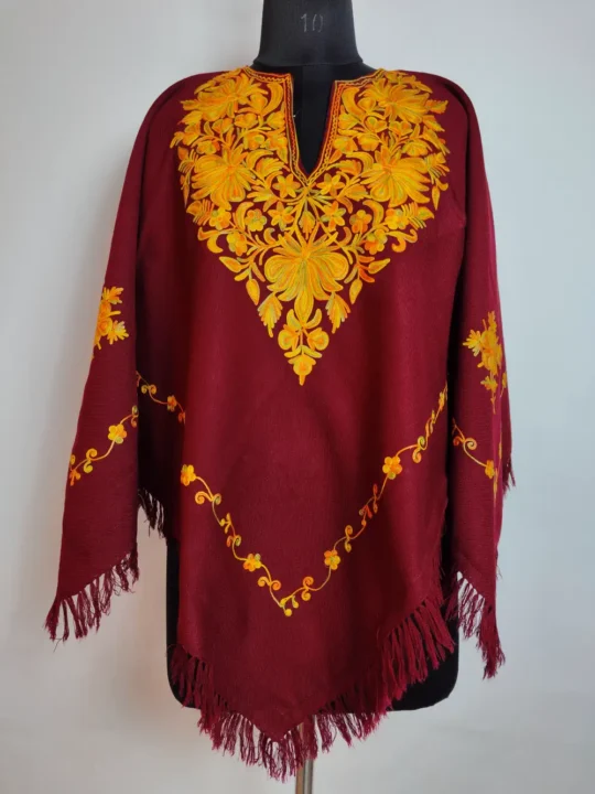 Maroon Aari Work Poncho in Cashmilon Wool Zehra
