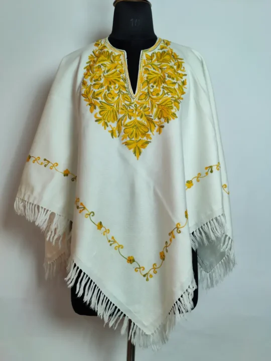 Cream Aari Work Poncho in Zehra Cashmilon Wool