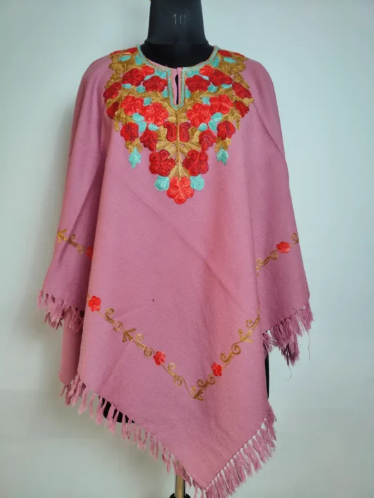 Aari Work Pink Poncho in Cashmilon Wool Gousia