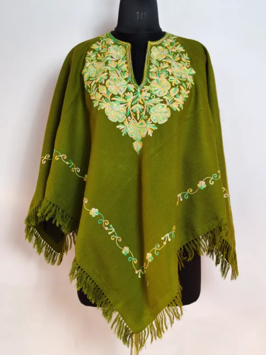 Zehra Aari Work Poncho in Olive Green Cashmilon Wool