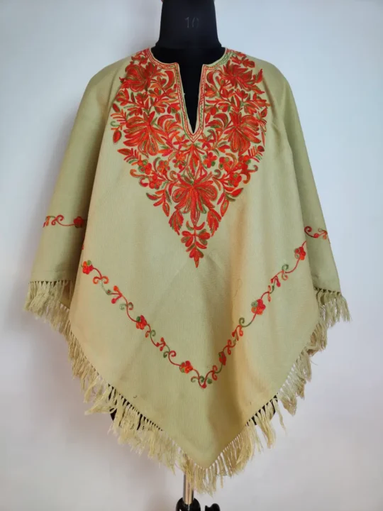 Beige Zehra Aari Work Poncho in Cashmilon Wool