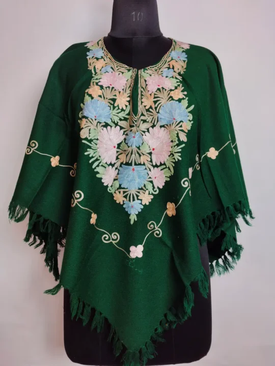 Dark Green Aari Work Poncho in Gousia Cashmilon Wool