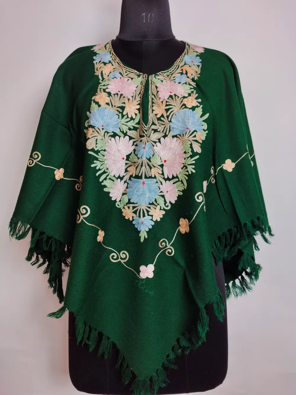 Dark Green Aari Work Poncho in Gousia Cashmilon Wool