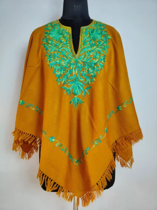 Zehra Aari Work Mustard Poncho in Cashmilon Wool