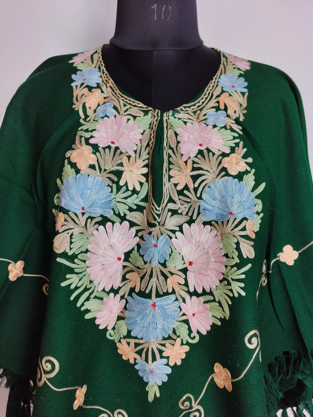 Dark Green Aari Work Poncho in Gousia Cashmilon Wool - Image 2