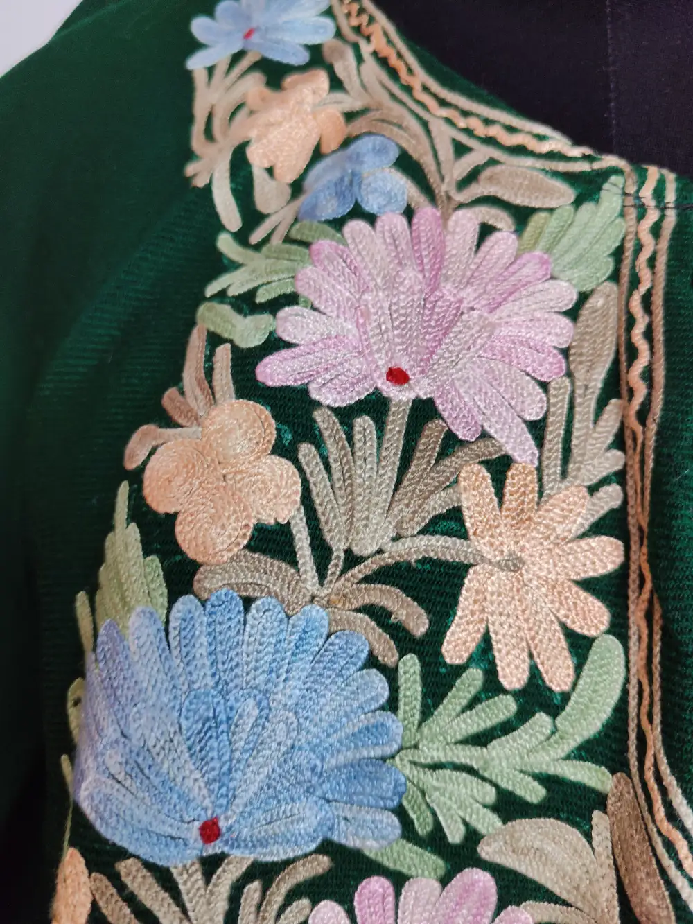 Dark Green Aari Work Poncho in Gousia Cashmilon Wool - Image 3