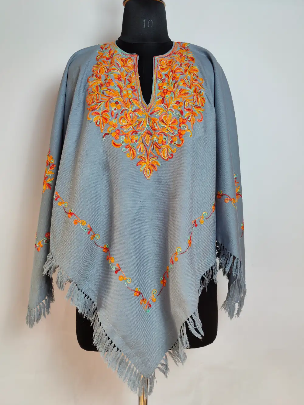 Grey Aari Work Zehra Poncho in Cashmilon Wool