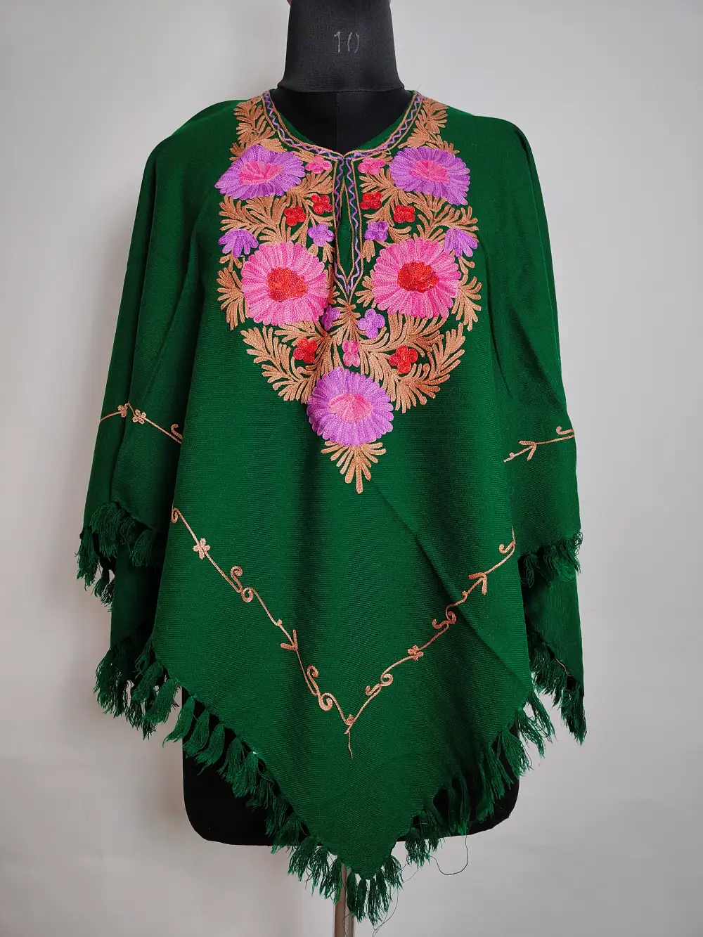 Gousia Dark Green Aari Work Poncho in Cashmilon Wool