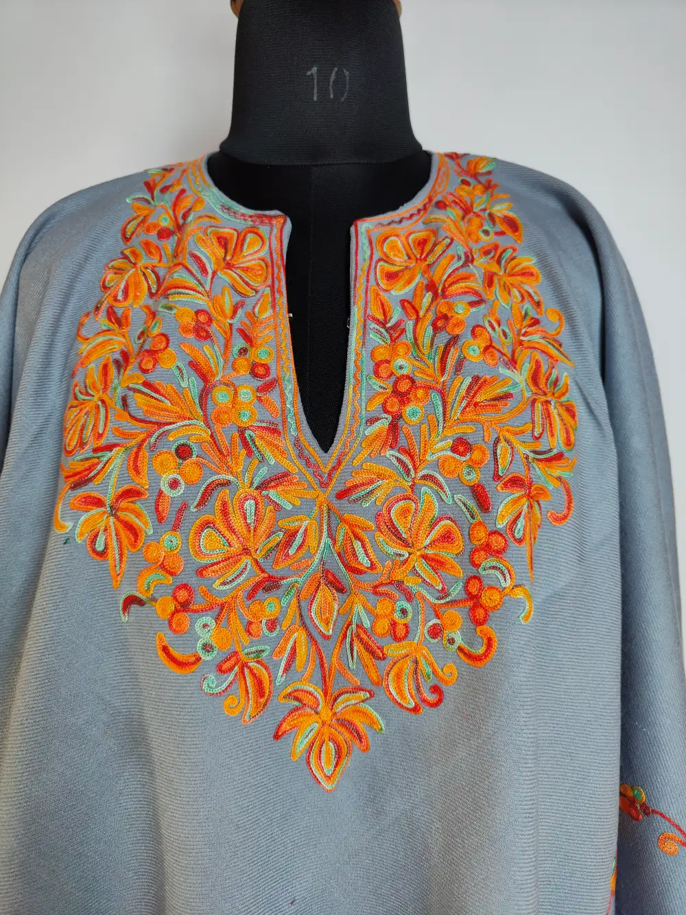 Grey Aari Work Zehra Poncho in Cashmilon Wool - Image 2