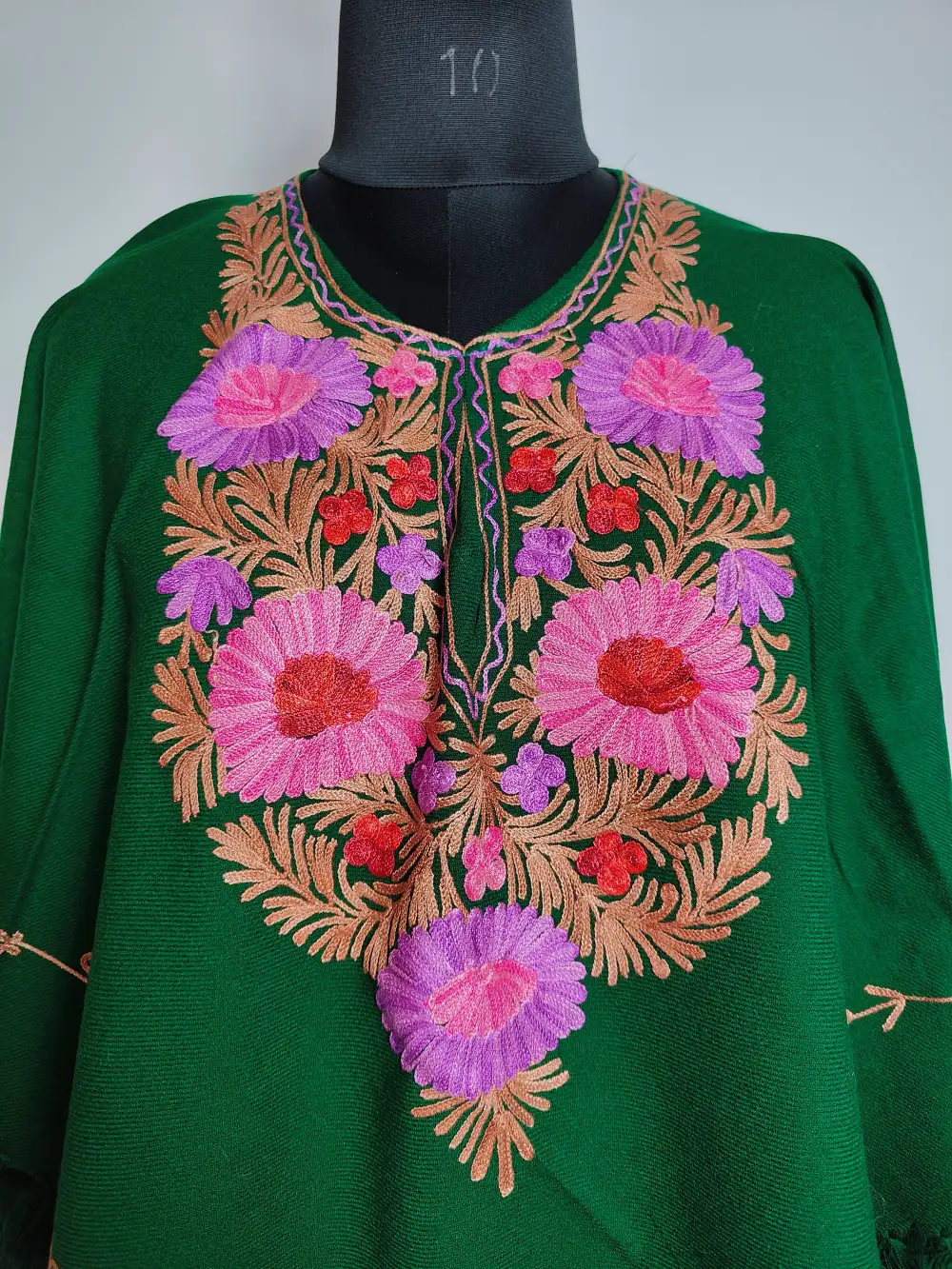 Gousia Dark Green Aari Work Poncho in Cashmilon Wool - Image 2