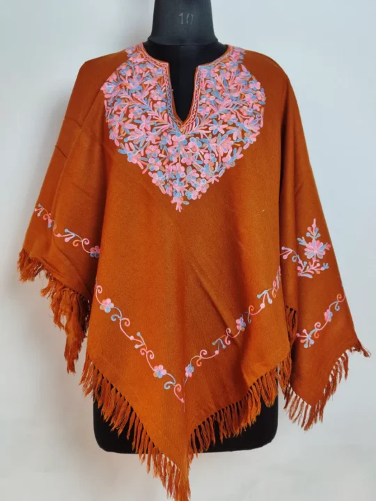 Brown Aari Work Zehra Poncho in Cashmilon Wool