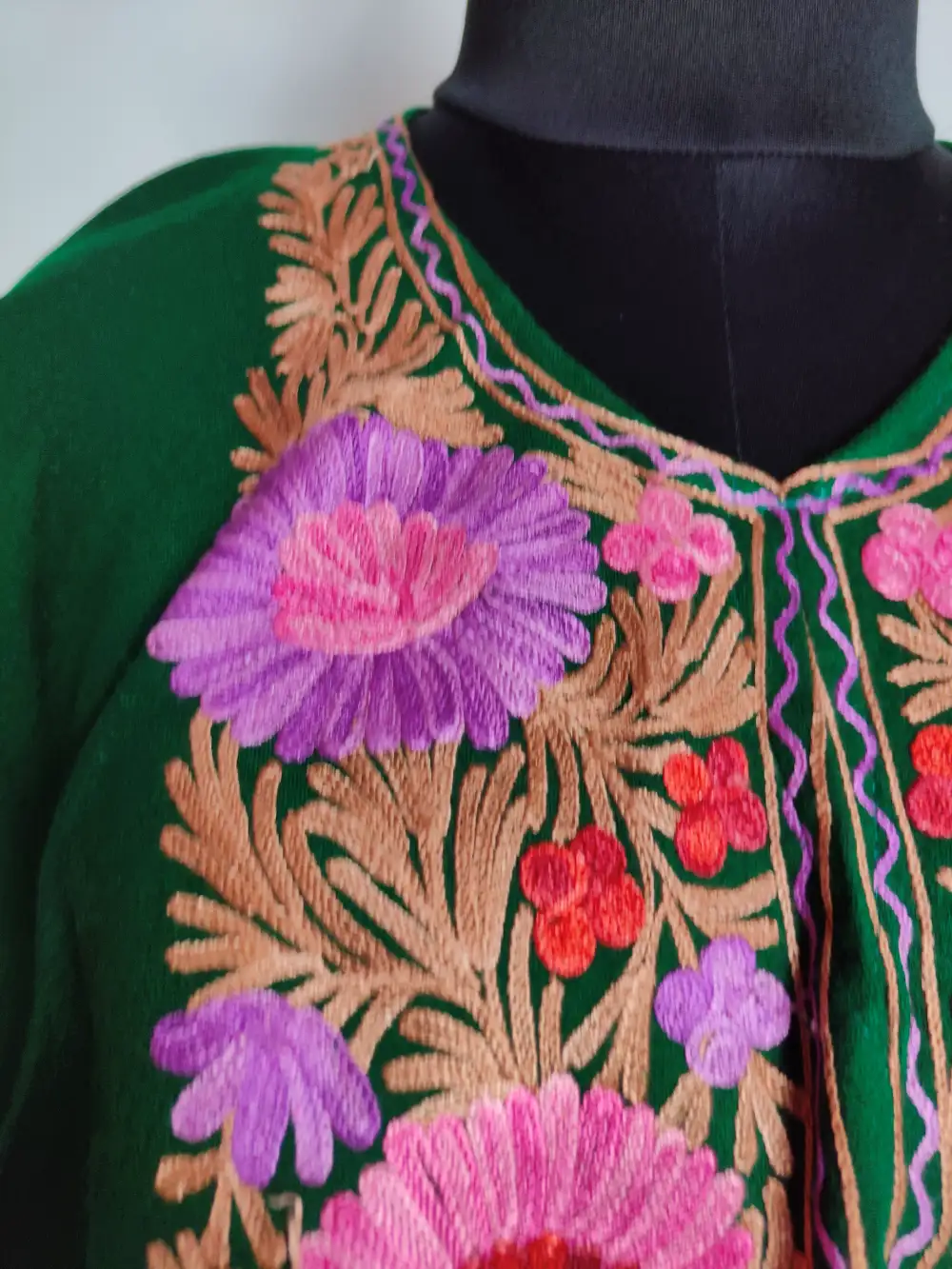 Gousia Dark Green Aari Work Poncho in Cashmilon Wool - Image 3